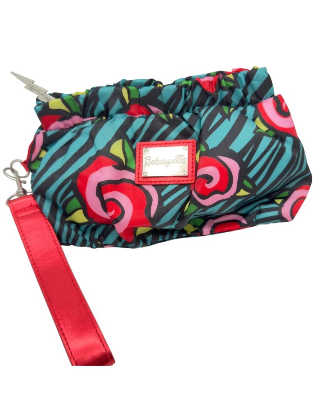 Betseyville By Betsey Johnson Floral Zebra Wristlet Red Strap Logo Plaque Mirror